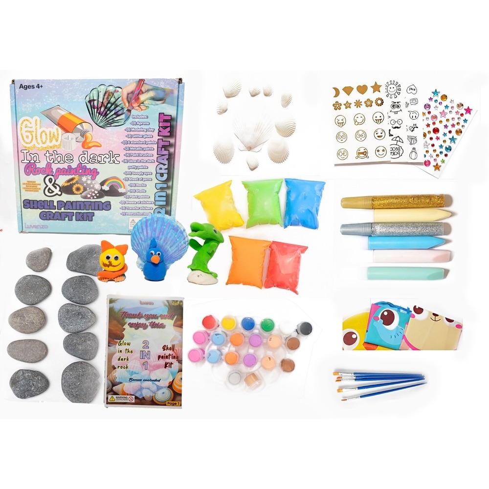 Glow in The Dark Rock & Shell Painting Craft Kit 2-in-1 Kids Art Set Ages 4+